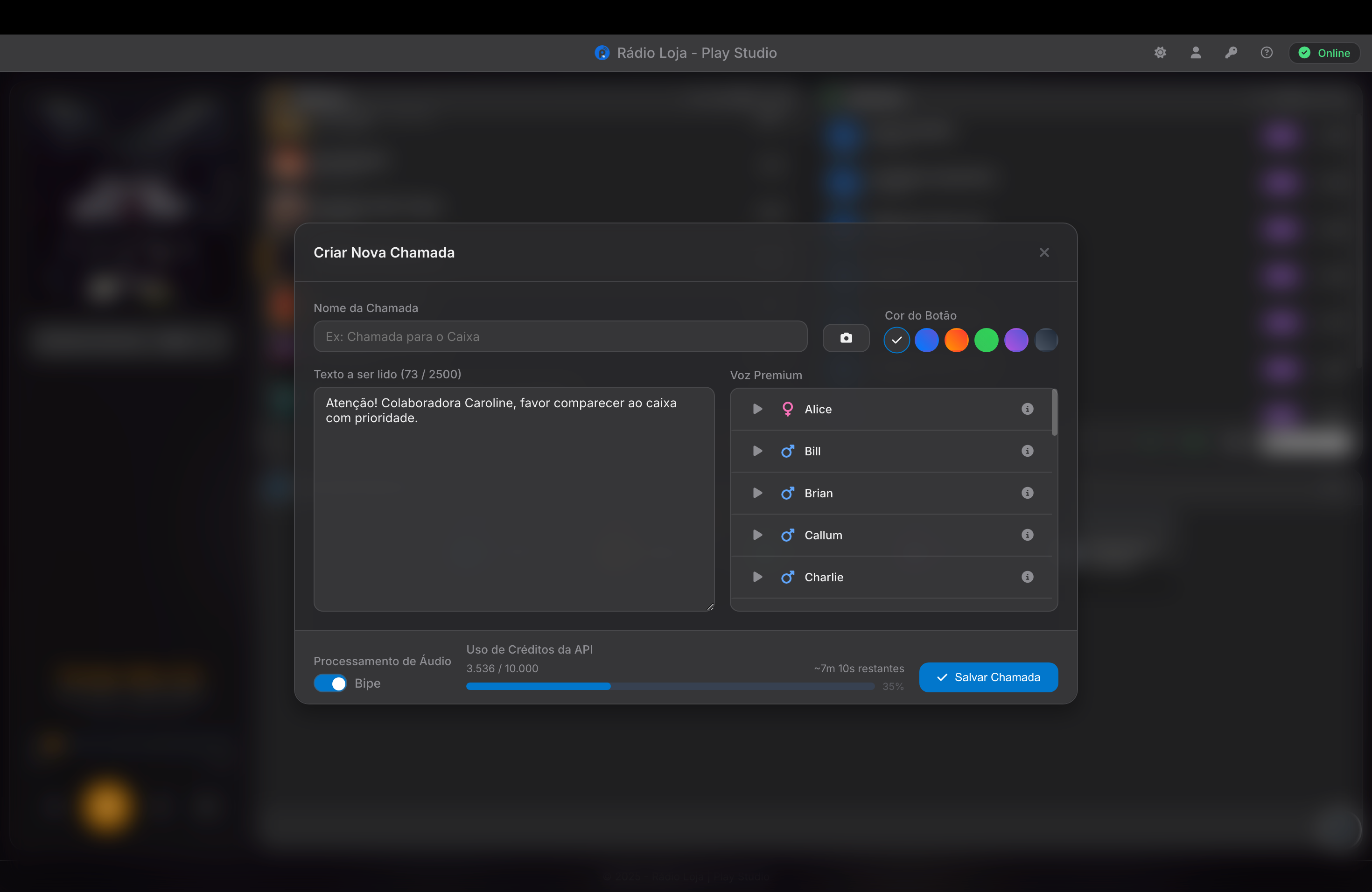 Modal de criação de chamadas manuais com vozes de IA premium
